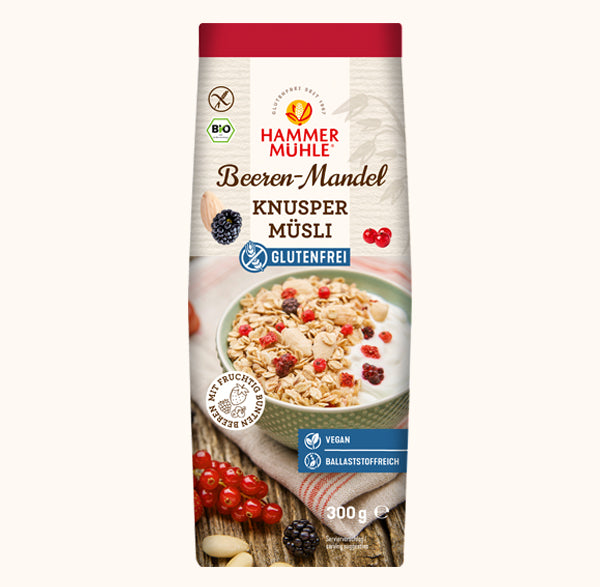 Beeren-Mandel Knuspermüsli 300g-Hammermühle Bio
Der köstliche Mix aus glutenfreien Hafervollkornflocken, Mandeln, gefriergetrockneten Beeren und Leinsamen überzeugt dich bei jedem Löffel.