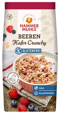Beeren Hafer Crunchy 325g- Hammermühle
Hafer Beeren Crunchy von Hammermühle. Ein fruchtiges und glutenfreies Müsli mit gtrochneten Beeren von der Hammermühle
