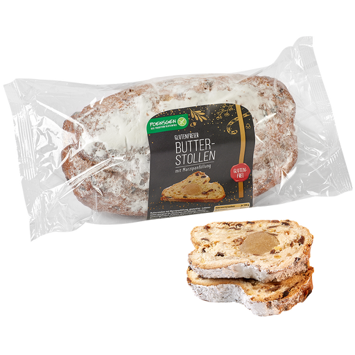 Butterstollen mit Marzipan glutenfrei 750g-Poensgen
 Dieser Stollen vereint reichlich Rosinen, Mandeln und feinstes Marzipan, um den klassischen Geschmack des Originals perfekt nachzubilden.