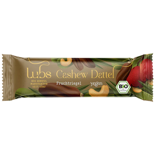 Cashew Dattel Riegel 40g - Lubs Bio
Der Cashew Dattel Rohkostriegel von Lubs ist ein köstlicher Snack für zwischendurch.