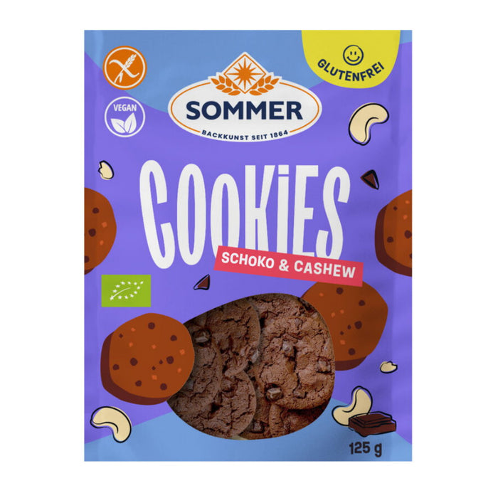 Cookies Choco & Cashew 125g - Sommer bio
Beim glutenfreien Choco & Cashew Cookie treffen freche Schokostückchen auf Kakaonibs und knackige Cashewkerne. Eine Kombination, die glücklich macht!