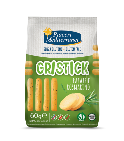 Gristick Patate e Rosmarino 60g - Piaceri
Gönn dir eine leckere Pause mit unseren Gristick Kartoffel & Rosmarin: kleine, super knusprige Grissini mit feinem Kartoffelgeschmack und einem Hauch Rosmarin. Ideal für unterwegs, als Snack zwischendurch oder zum Aperitif.