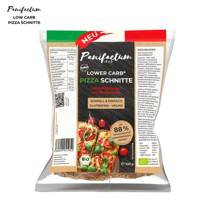 Lowcarb Pizza Schnitte 100g - Panifactum
Entdecke die perfekte Alternative zur klassischen Pizza! Unsere Low Carb Pizza Schnitte vereint authentischen Geschmack mit bewusster Ernährung – fertig gebacken, glutenfrei, vegan und mit 88 % weniger Kohlenhydraten als herkömmliche Pizza.
