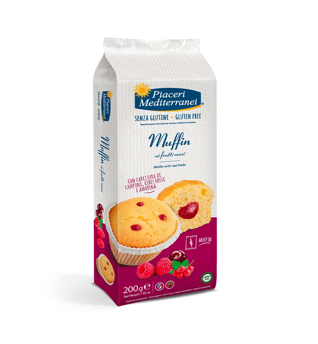 Muffin Früchte (Himbeeren, Johannisbeeren und Kirschen) 200g - Piaceri Mediterranei
Die Muffin ai Frutti Rossi von Piaceri Mediterranei sind ein glutenfreier Genuss, der durch seine weiche Textur und den fruchtigen Geschmack überzeugt.