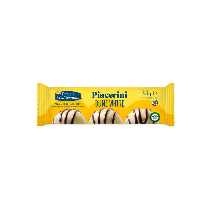 Piacerini Dune White 33g- Piaceri
Jeder Snack besteht aus einer Waffel mit cremiger Haselnussfüllung, umhüllt von einer weißen Schokoladenkuvertüre und dekoriert mit edlen Streifen dunkler Schokolade.