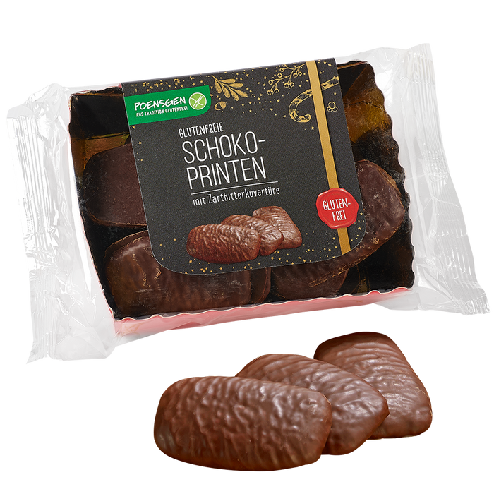 Schoko-Printen mit Zartbitterkuvertüre glutenfrei 175g-Poensgen
Der Klassiker zur Weihnachtszeit in glutenfreier Variante: unsere glutenfreien Printen mit einem köstlichen Überzug aus Zartbitterschokolade!