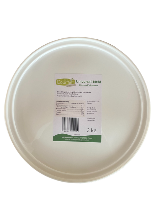 Universalmehlmischung 3kg Eimer - gluten/laktosefrei - Vital Gourmet
Das gluten und laktosefreie Universal Mehl (nach Finax Rezeptur ) dient als perfekte Grundlage für Speisen aller Art von Brot über Germspeisen bis Kuchen und Keksen und ersetzt wunderbar herkömmliches Weizenmehl.