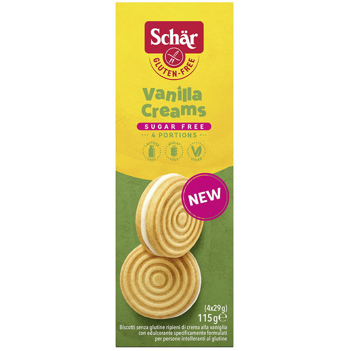 Vanilla Creams Sugar Free 115g - Schär
Vanilla Creams Sugar free von Schär. Glutenfreie Kekse mit Vanillecremefüllung, mit Süßungsmittel, ohne Zuckerzusatz.