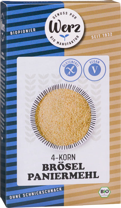 4 Korn Brösel 200g - Werz Bio
4-Korn Brösel von Werz ist ein glutenfreies Paniermehl, zum Abschmelzen, Für Suppenklößchen, Vollkorn-Knödel und Kuchen.