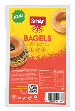 Bagels 400g - Schär
Die glutenfreien Bagels sind vorgeschnitten und bereit zum Belegen. Reich an Ballaststoffen, glutenfrei & laktosfrei.