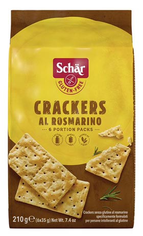 Cräcker al Rosmarino 210g - Schär
Die beliebten glutenfreien Crackers von Schär zum Dippen, Knabbern oder als Partysnack gibt es nun auch mit einer mediterranen Rosmarinnote.
