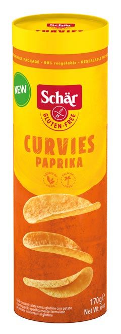 Curvies Paprika Kartoffelchips 170g- Schär
Knuspriger salziger Kartoffelsnack in recycelbarer Verpackung.