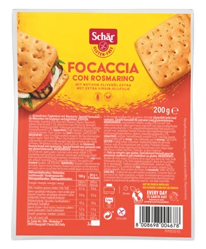 Focaccia - Rosmarin 200g - Schär
Focaccia Rosmarin von Schär ist eine typisch italienische Brotspezialität mit nativem Olivenöl Extra und echtem Rosmarin.