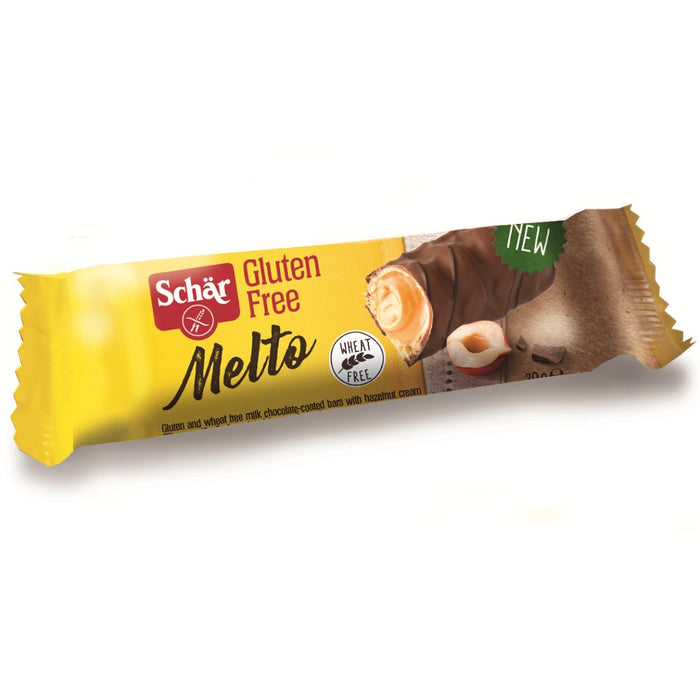 Melto 30g - Schär
Der glutenfreie Melto Riegel von Schär ist ein knuspriger Waffelsnack mit einer cremigen Haselnussfüllung und überzogen mit Milchschokolade.