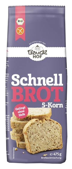 Schnellbrot 5-Korn 475g- Bauckhof Bio ( Ersatz für Schnellbrot Dunkel )
Die glutenfreie Brotbackmischung Schnellbrot 5-Korn von Bauckhof. Gelingt ohne Hefe. Geben Sie einfach 475 ml Wasser zu der Backmischung und schieben die glutenfreie Backmixtur mit einer beliebigen Brotbackform in den Ofen. Schon nach 60 Minuten ist das glutenfreie Brot fertig und sie können es zusammen mit ihrer Familie genießen.