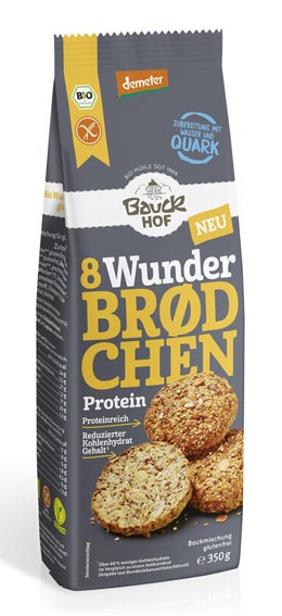 Wunderbroedchen Protein 350g - Bauckhof Bio
Wunderbrødchen Protein von Bauckhof ist eine glutenfreie Backmischung für Brötchen. Dieses Wunderbrodchen Protein beinhaltet weniger Kohlenhydrate und dafür mehr Eiweiß. Für das gemütliche Frühstück oder Abendbrot, für den schnellen Snack unterwegs oder die Picknick-Tafel.