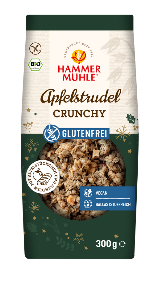 Apfelstrudel Crunchy 300g -Hammermühle Bio

Diese knusprige Spezialität vereint die fruchtigen Noten von saftigen Äpfeln, süßen Rosinen und dem wärmenden Aroma von Zimt – eine verlockende Mischung, die an den klassischen Apfelstrudel erinnert.
