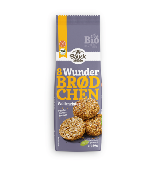Backmischung Wunderbrödchen Weltmeister 350g - Bauck Mühle

Einfach mit Wasser verrühren, kurz quellen lassen, formen und backen – schon entstehen acht kräftige Brötchen