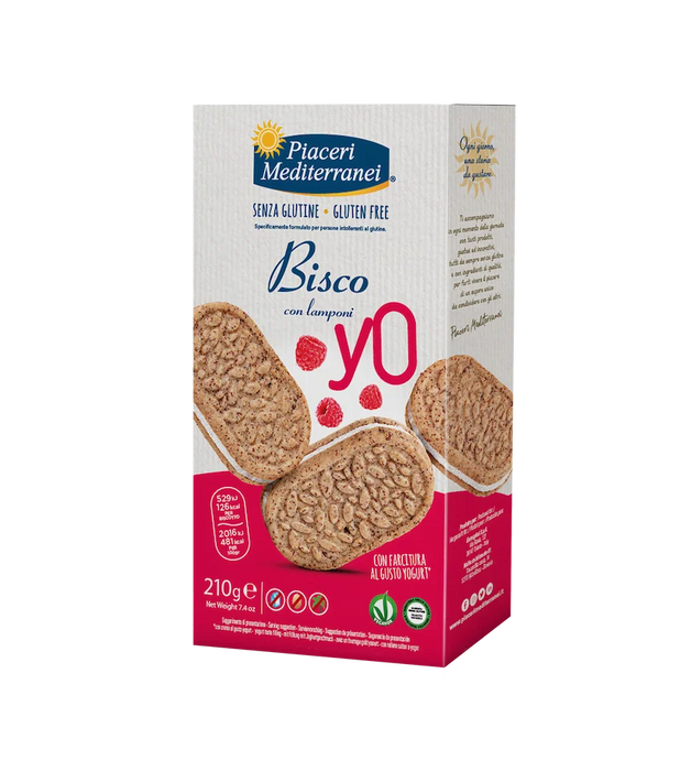 BiscoYo Kekse mit Joghurtcreme und Himbeeren 210g - Piaceri Mediterranei

Die Biscoyo con Lamponi von Piaceri Mediterranei sind glutenfreie Kekse, die mit einer köstlichen Yoghurtfüllung und Himbeeren veredelt sind.