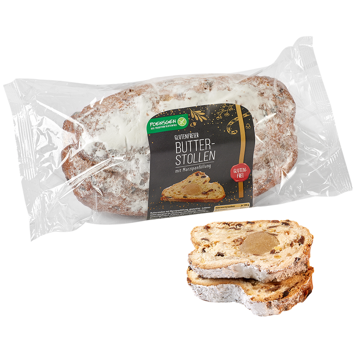 Butterstollen mit Marzipan glutenfrei 750g-Poensgen

 Dieser Stollen vereint reichlich Rosinen, Mandeln und feinstes Marzipan, um den klassischen Geschmack des Originals perfekt nachzubilden.
