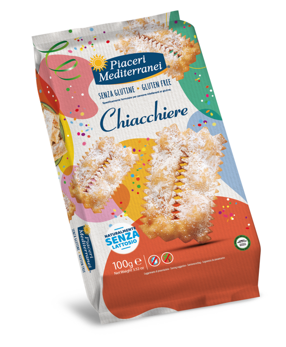 Chiacchiere 100g - Piaceri

Die glutenfreien Chiacchiere von Piaceri Mediterranei sind ein traditionelles italienisches Karnevalsgebäck, das mit einer feinen Schicht Puderzucker veredelt wird.