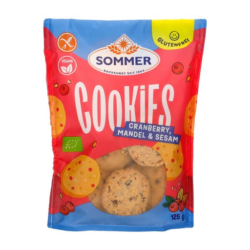 Cookies Cranberry Mandel & Sesam 125g - Sommer bio 

Die glutenfreien Cookies Cranberry, Mandel &amp; Sesam von Sommer sind leckere Genusscookies.