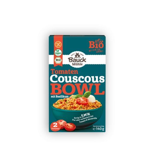 Couscous Bowl Tomate mit Basilikum glutenfrei 140g - Bauck Mühle

Tomatenflocken, Tomatenstücke sowie Basilikum, Petersilie und Knoblauch sorgen für ein rundes, mediterranes Aroma – perfekt als schnelle Bowl, Beilage oder leichtes Hauptgericht.