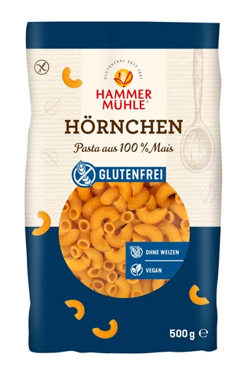Hörnchen Nudeln 500g - Hammermühle

Hörnchennudeln von Hammermühle. Glutenfreie Nudeln aus Mais.