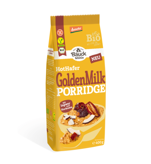 Hot Hafer Golden Milk Porridge demeter 400g - Bauck Mühle

Inspiriert von der traditionellen „Golden Milk“ entsteht ein cremiger Haferbrei mit fein abgestimmter Süße aus Datteln – ideal für einen wohltuenden Start in den Tag