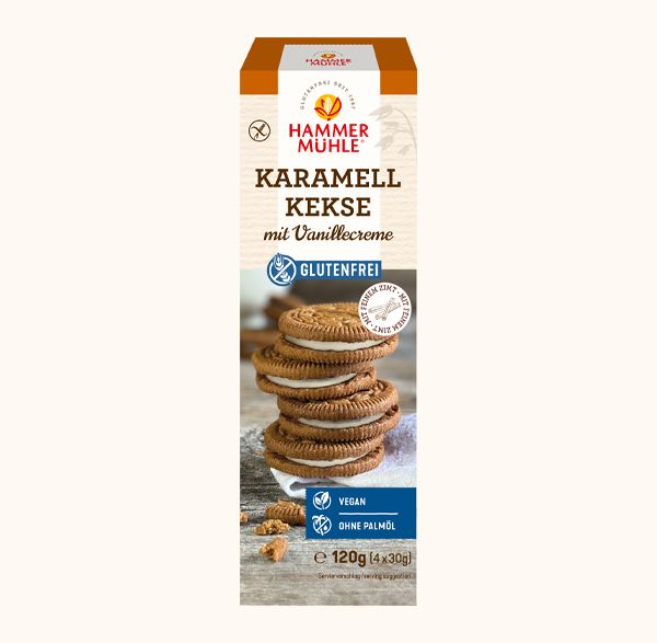 Karamellkekse mit 26% Vanillecreme 120g - Hammermühle

Dank der praktischen Snack-Packs (je 2 Kekse einzeln verpackt) sind sie ideal für unterwegs – ob im Büro, im Café oder gemütlich zuhause. Natürlich glutenfrei, vegan und ohne Weizen.