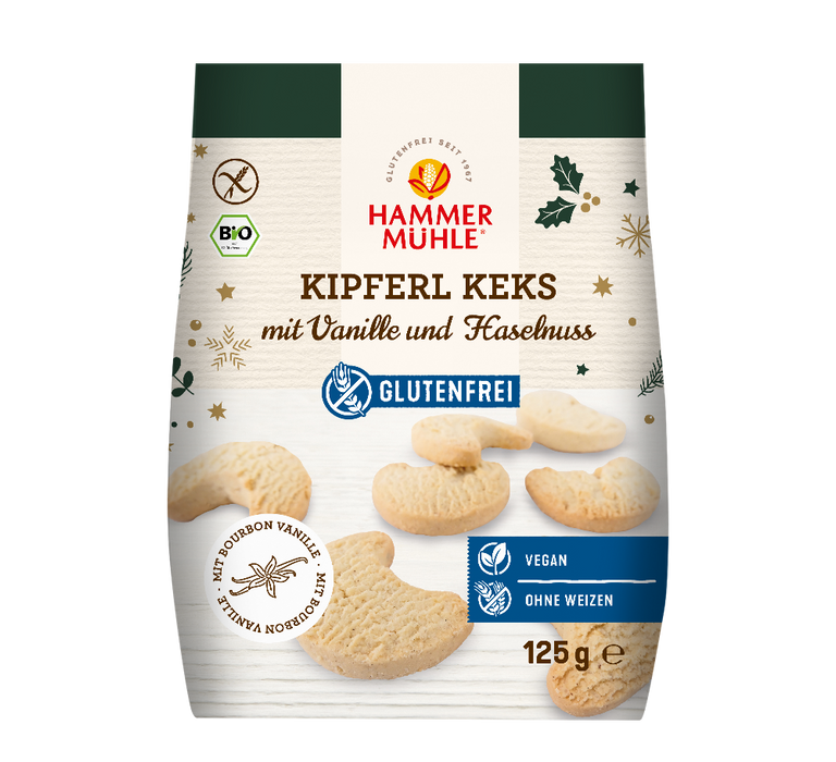 Kipferl Kekse mit Vanille 130g - Hammermühle Bio

Die glutenfreien Kipferlkekse von Hammermühle verbinden feine Bourbon-Vanille mit aromatischen Haselnüssen zu einem zarten, mürben Gebäckklassiker.
