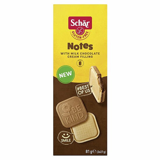 Notes mit Milchschokolade und Cremefüllung 81g - Schär

Der ideale süße Snack für zwischendurch mit hauchdünner Waffel und cremiger Füllung, diese glutenfreien Kekse sind ein absoluter Genuss.&nbsp;