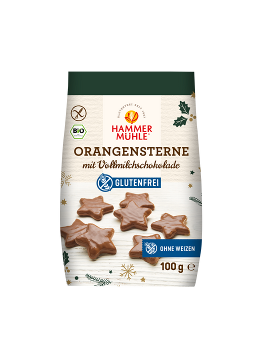 Orangensterne mit Vollmilchschokolade 100g - Hammermühle Bio

Ein Hauch Zimt rundet den Geschmack ab und macht die kleinen Sterne zu einem besonders feinen Gebäck für die Advents- und Weihnachtszeit.