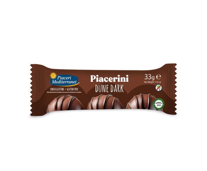 Piacerini Dune Dark 33g - Piaceri

Die Piacerini Dune Dark sind die perfekte Verbindung aus Knusper und Creme – mit zarter Waffel, köstlicher Haselnusscreme-Füllung und einem Überzug aus feiner Milchschokolade, abgerundet mit dunklen Schokoladenstreifen.