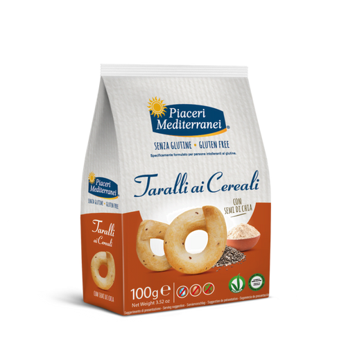 Taralli cereali 100g - Piaceri

Die glutenfreien Taralli ai Cereali von Piaceri Mediterranei sind knusprige italienische Gebäckringe