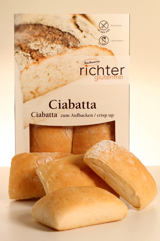 Ciabatta 280g -  Richter glutenfrei

Die glutenfreien Ciabatta von Richter sind vier leckere Brötchen zum selbst aufbacken. Die glutenfreien Brötchen kurz im Ofen aufbacken, lecker belegen und fertig ist der Genuß. Ob mit herzhaftem oder süßem Belag, die Ciabatta von Richter schmecken immer und überall und sind dabei frei von Gluten und frei von Laktose. Ein Genuss für die ganze Familie!