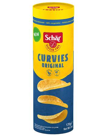 Curvies Original Kartoffelchips 170g - Schär

Knuspriger salziger Kartoffelsnack in recycelbarer Verpackung. 