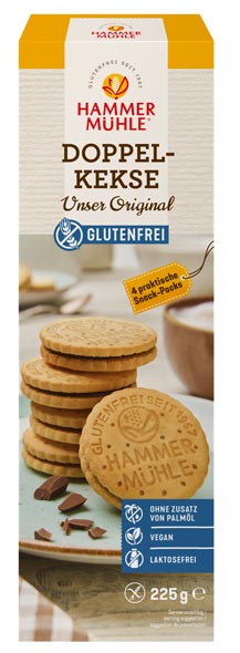 Doppelkekse mit Kakaocreme 225g - Hammermühle

&nbsp;Doppelkekse mit 24 % Kokaocremefüllung sind laktosefrei und vegan.
