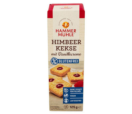 Himbeer Kekse mit Vanillecreme 125g - Hammermühle

Glutenfreie Himbeerkekse mit Vanillecreme von der Hammermühle. Glutenfreie Kekse mit 16 % Vanillecreme und Himbeerfruchtfüllung.