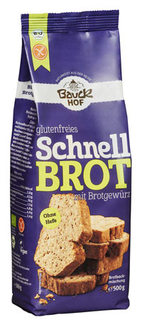 Schnellbrot mit Brotgewürz 500g - Bauckhof bio

Glutenfreie Backmischung für Schnellbrot mit Brotgewürz von Bauckhof. Geben Sie dafür 500ml Wasser zu der Mischung, kurz 2 Minuten anrühren, nicht Gehen lassen und ab in den Ofen. Nach etwa 60 Minuten können Sie ihr knuspriges, frisches, glutenfreies Brot genießen.