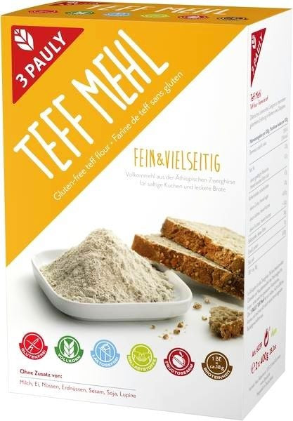 Teffmehl 800g - 3 Pauly

Teff Mehl von 3 Pauly. Die Vollkorn Alternative beim glutenfreien Backen ist das 100 % Teffmehl von 3 PAULY. Es hat sich als besonders vielseitig erwiesen: Nicht nur bei Brot, sondern auch bei verschiedenen Gebäcksorten, Pfannkuchen, Paniermehl und sogar als Bindemittel für Suppen und Soßen sorgt Teff für leckere Endprodukte.
