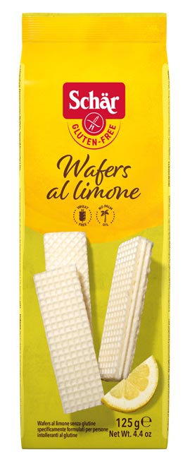 Wafer al limone ( Waffeln mit Zitronencreme) 125g - Schär

Wafers al limone von Schär sind leichte Waffeln mit einer erfrischenden Zitronencremefüllung. Sowohl zum Kaffee als auch zum Eisbecher eine erfrischende Süßigkeit.